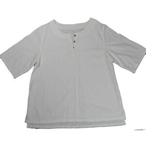 White womens top 55% linen 45% cotton blend fabric white wooden buttons sz L